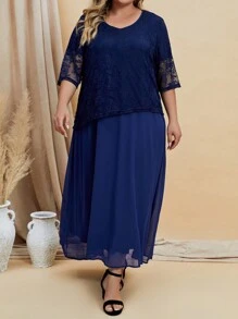 EMERY ROSE Plus Contrast Lace Dress - Navy Blue - View 5