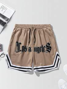 Aesthetic Post 男士字母圖案拼接邊腰部抽繩短褲 - 棕色 - 查看 3