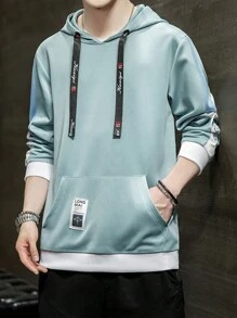 Men Letter Graphic Kangaroo Pocket Drawstring Hoodie - Baby Blue - View 1