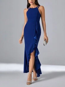 SHEIN Unity Vestido ribete con fruncido bajo asimétrico - azul real - Ver 1