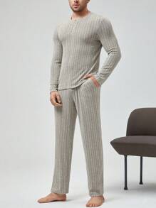 Men Button Front Tee & Pants Lounge Set - Apricot - View 5