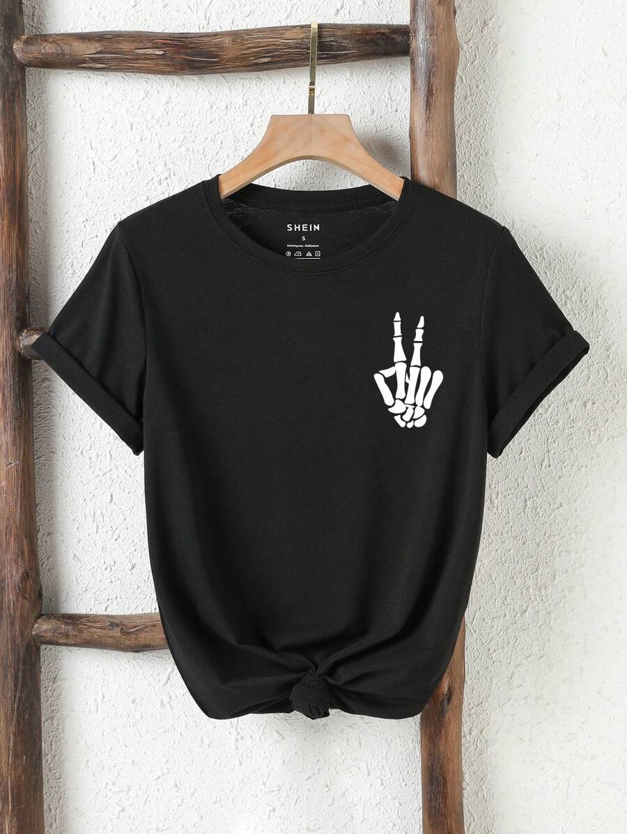 INAWLY Plus 骷髅手印 T 恤 图案 T 恤 女式上衣 - 黑色 - 查看 1