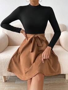 Chiquease Two Tone Mock Neck Belted Dress - Black - View 6