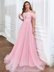 Faeriesty Elegant Floral Off-The-Shoulder Ball Gown With Oversized Tulle Skirt, Women's Formal Evening Dress For Banquet And Special Occasions – Perfect For Wedding Receptions, Red Carpet Galas, Charity Balls, Anniversary Celebrations, And Bridal Portraits - Pink - View 3