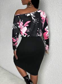 SHEIN Unity 印花不對稱領褶邊緊身洋裝 - 黑色 - 查看 2