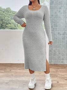 Flirla Plus Split Thigh Ribbed Knit Dress - Grey - View 4