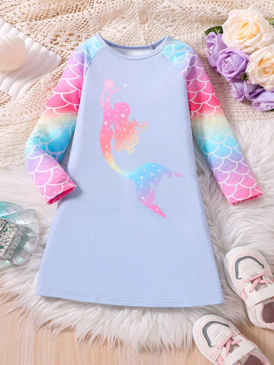 SHEIN Cô Gái Trẻ Nàng tiên cá in Tay Raglan Váy áo thun - Nhiều màu - Xem 1
