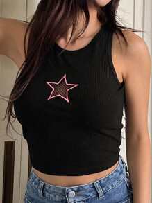 DAZY Star Pattern Crop Tank Top - Black - View 5