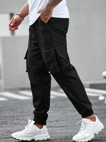Manfinity Homme Men Flap Pocket Drawstring Waist Cargo Pants - Black - View 1