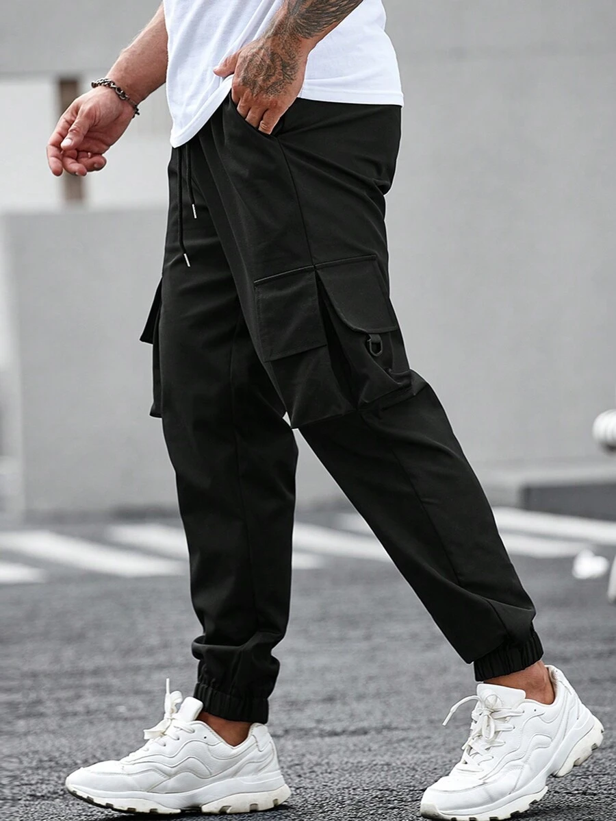 Manfinity Homme Men Flap Pocket Drawstring Waist Cargo Pants - Black - View 1