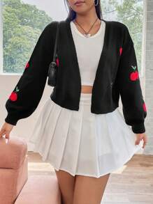 SHEIN Qutie Plus Cherry Pattern Drop Shoulder Duster Cardigan - Black - View 6