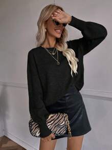 SHEIN Frenchy 素色落肩袖套頭毛衣 - 黑色 - 查看 1