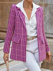 Women's Check Pattern Notched Lapel Single Button Flap Pocket Long Sleeve Blazer - Pink - View 3
