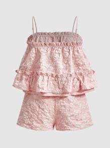 GENKIRA Dệt hoa Xù Hoa Sen Áo Cami & Quần short - Hồng - Xem 2