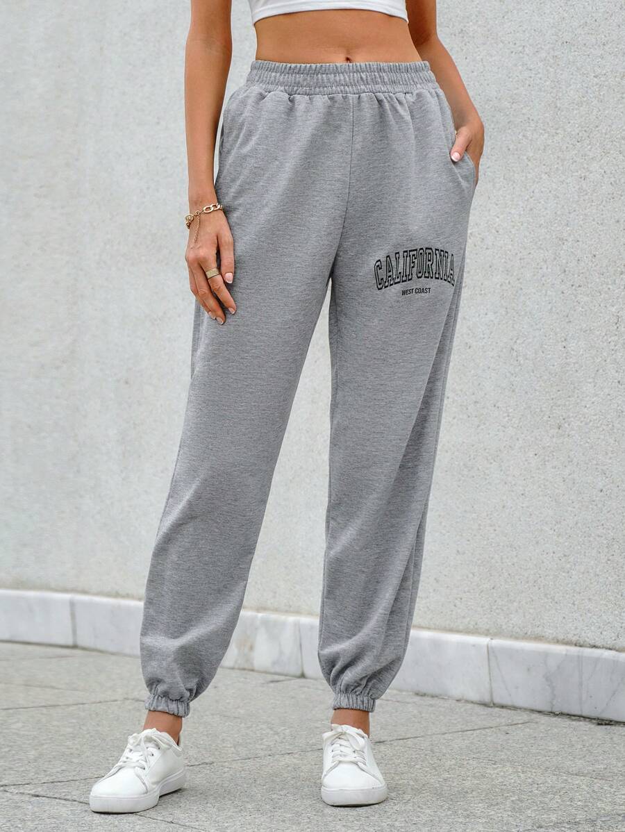 RueChic Letter Graphic Elastic Waist Sweatpants - Light Grey - View 1