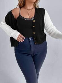 SHEIN LUNE Plus Two Tone Button Front Cardigan