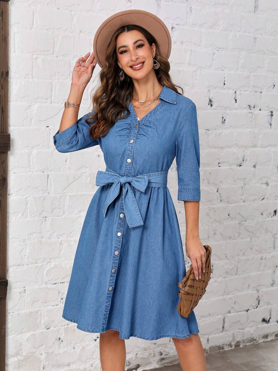 SHEIN LUNE Nút phía trước Thắt lưng Đầm Denim - Màu xanh lam - Xem 1