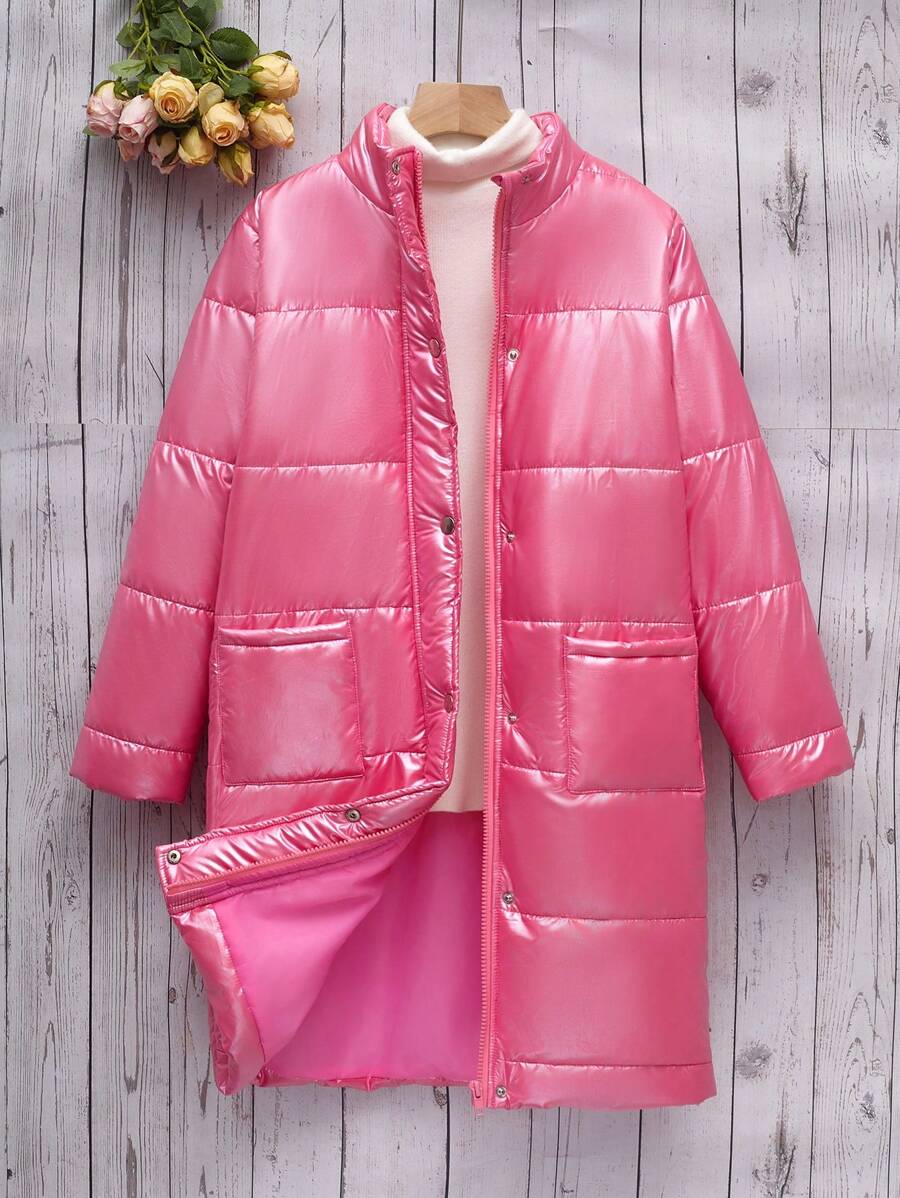 SHEIN Tween Girl 1pc Dual Pocket Padded Coat - Hot Pink - View 1
