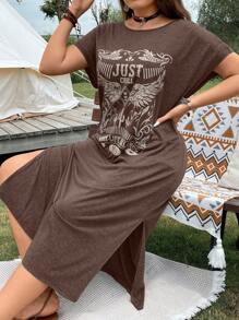 Breezaya Váy Maxi In Hình Chữ Cái Plus Chia Đùi Cho Nữ - Cà phê nâu - Xem 3