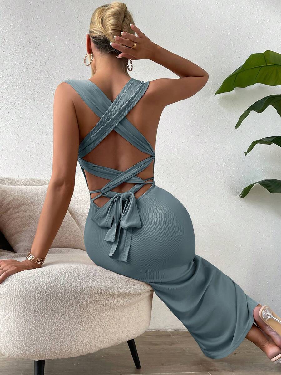 Chiquease Đầm ôm body hở lưng xẻ đùi Crisscross Tie Maxi dành cho nữ - Màu xanh bụi bặm - Xem 1