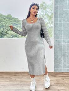 Flirla Plus Split Thigh Ribbed Knit Dress - Grey - View 5