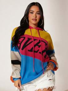 SHEIN SXY Letter Graphic Colorblock Drop Shoulder Drawstring Hooded Sweater - Multicolor - View 1
