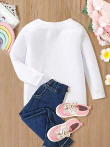 SHEIN 年輕女孩千禧甜美時尚印花白色圓領長袖t恤