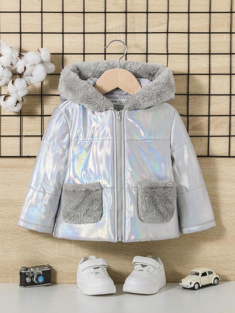 SHEIN 男婴双口袋毛绒装饰连帽棉服外套