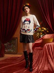 Frida Kahlo X SHEIN Figure Pattern Drop Shoulder Sweater - Apricot - View 3