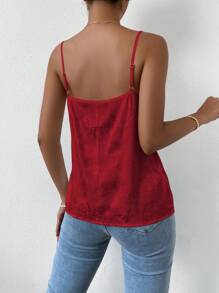 SHEIN LUNE Floral Jacquard Contrast Lace Satin Cami Top - Red - View 2
