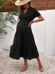 SHEIN Maternity Button Front Ruffle Hem Belted Dress