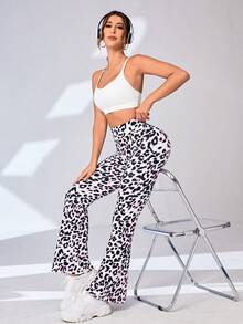 Leopard Print Wide Waistband Flare Leg Sports Pants - Multicolor - View 6