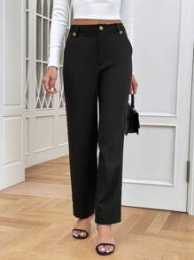 SHEIN Frenchy Chất rắn Túi nghiêng Chân thẳng Quần tây - màu đen - Xem 4