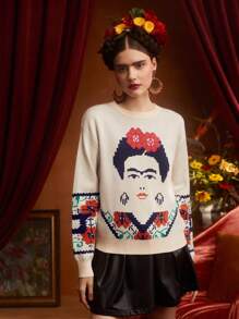 Frida Kahlo X SHEIN Figure Pattern Drop Shoulder Sweater - Apricot - View 5