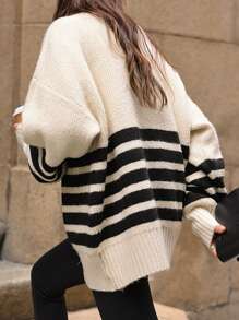 Striped Pattern Drop Shoulder Mock Neck Sweater - Beige - View 2