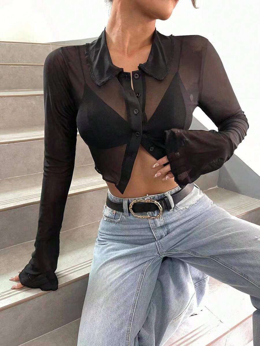 SHEIN ICON 前排扣荷葉袖短款透視網紗上衣不附胸罩