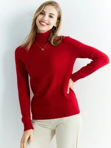 Women's 100% Merino Wool Sweater Turtleneck Fall Winter Warm Soft Knitted Vintage Sweater Long Sleeve Knitted Pullover Tops - Burgundy - View 2