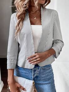 SHEIN Frenchy 條紋印花開門襟西裝外套 - 黑與白 - 查看 6