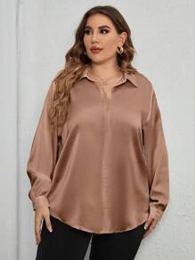 SHEIN Clasi Plus Solid Button Front Shirt - Champagne - View 5