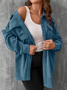 SHEIN LUNE Hơn Túi có nắp Thả vai Áo khoác vải nhung - Màu xanh bụi bặm - Xem 1