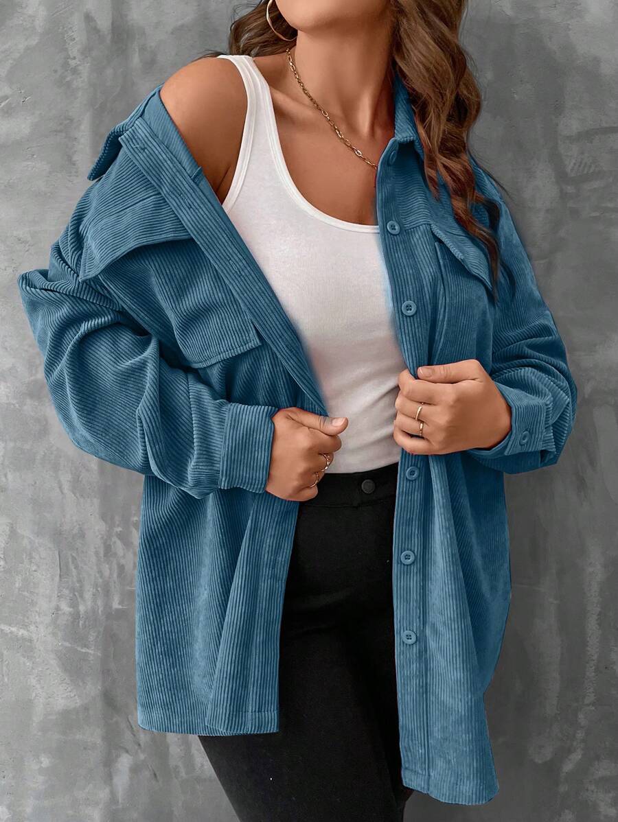 SHEIN LUNE Hơn Túi có nắp Thả vai Áo khoác vải nhung - Màu xanh bụi bặm - Xem 1