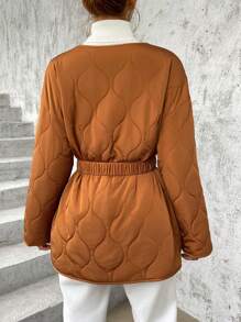 SHEIN Essnce Drop Shoulder Double Breasted Belted Quilted Coat - Apricot - View 2
