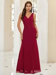 SHEIN Belle Burgundy Red Draped Backless Chiffon Bridesmaid Dress - Burgundy - View 3