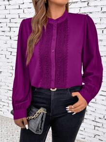 SHEIN Clasi Plus Guipure Lace Insert Lantern Sleeve Blouse - Red Violet - View 4