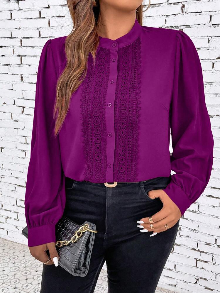 SHEIN Clasi Plus Guipure Lace Insert Lantern Sleeve Blouse - Red Violet - View 4