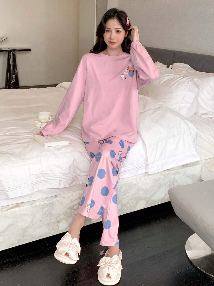 DAZY Set homewear con estampado de dibujos animados y letra de hombros caídos - Rosa - Ver 1