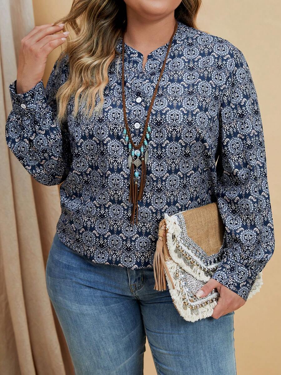 EMERY ROSE 大碼滿版印花半排扣襯衫 - 深灰色 - 查看 1