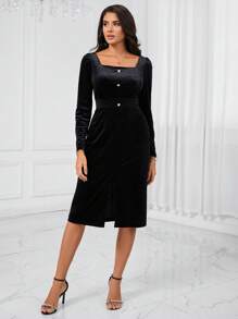 GENKIRA 方領高衩絲絨洋裝 - 黑色 - 查看 6