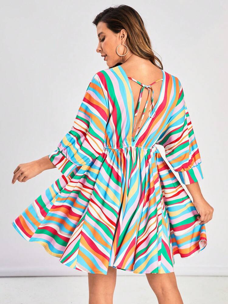 Striped Print Surplice Neck Batwing Sleeve Dress