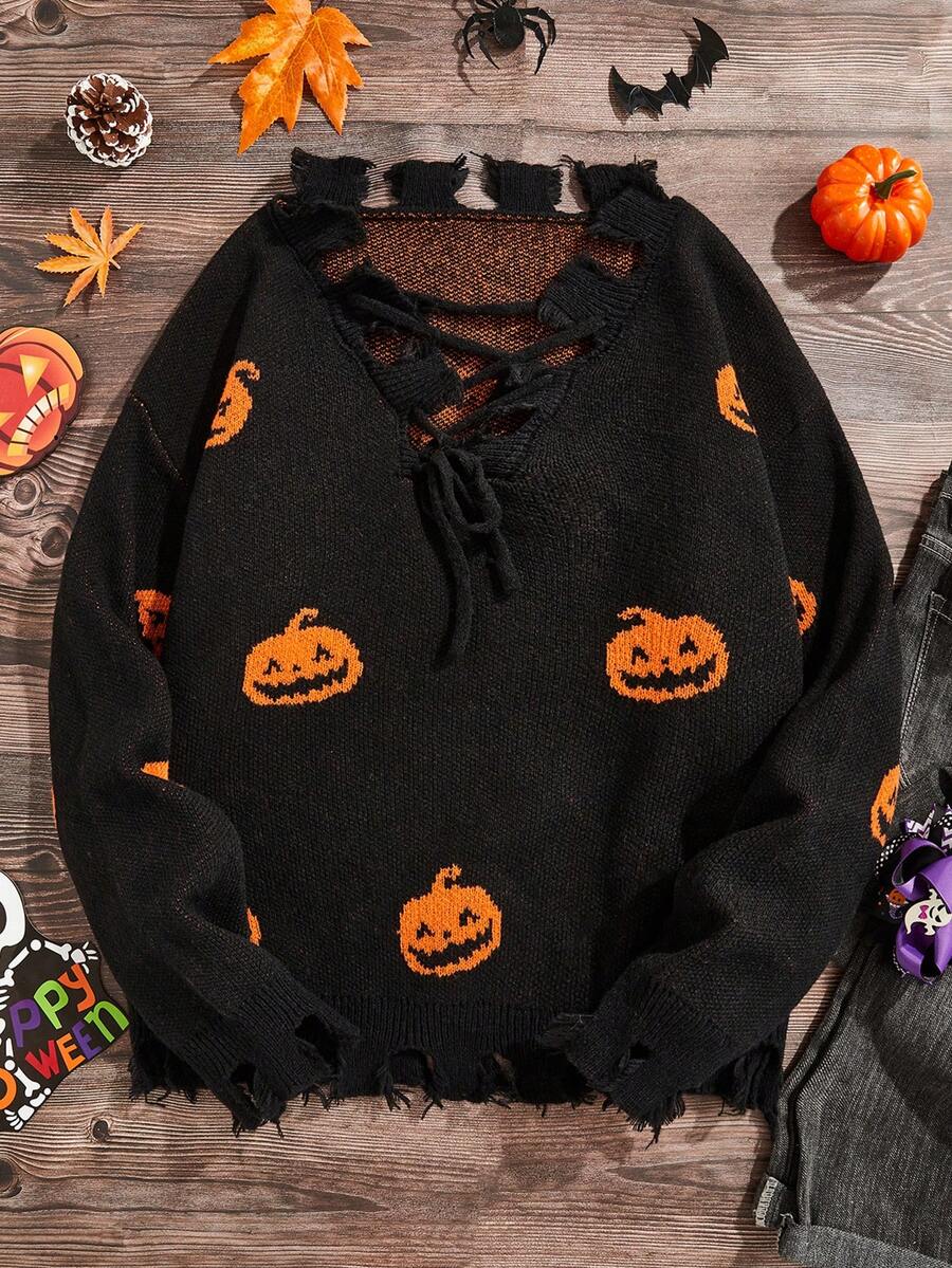 SHEIN LUNE Hơn Halloween Họa tiết Bí ngô Lace lên phía trước Áo len Distressed - màu đen - Xem 1